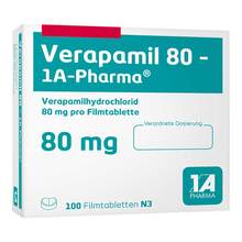 Abbildung: Verapamil 80-1A Pharma Filmtabletten 100 St, Filmtabletten PZN 00070130