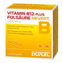 Abbildung: Vitamin B12 Plus Folsäure Hevert a 2 ml Ampullen 2X10X2 ml, Ampullen PZN 00296093 