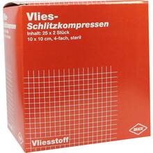 Abbildung: Schlitzkompressen Vlies 10x10 cm steril 4fach 25X2 St, Kompressen PZN 00749040 