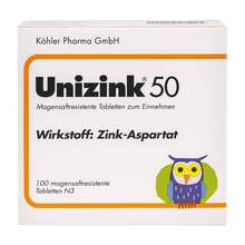 Abbildung: Unizink 50 magensaftresistente Tabletten 100 St, Tabletten magensaftresistent PZN 03441638 