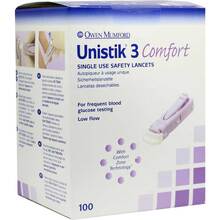 Abbildung: UNISTIK 3 Comfort 1,8 mm Eindr.Tiefe Stechhilfe 100 St, Lanzetten PZN 03802421 