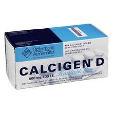 Abbildung: Calcigen D 600 mg / 400 I.E. Kautabletten 120 St, Kautabletten PZN 04054599 