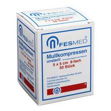 Abbildung: Mullkompressen ES 5x5 cm unsteril 8fach 50 St, Kompressen PZN 06310859 