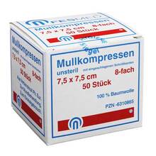 Abbildung: Mullkompressen ES 7,5x7,5 cm unsteril 8fach 50 St, Kompressen PZN 06310865 