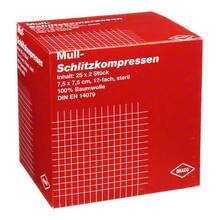 Abbildung: Schlitzkompressen Mull 7,5x7,5 cm steril 12fach 25X2 St, Kompressen PZN 07574460 
