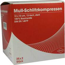 Abbildung: Schlitzkompressen Mull 10x10 cm steril 12fach 25X2 St, Kompressen PZN 07574477 