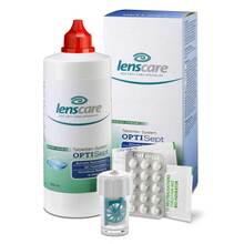 Abbildung: Lenscare Optisept Kombipackung 350 ml + 45 Tabletten +1 Beh. 1 P, Kombipackung PZN 08801018 