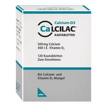 Abbildung: Calcilac Kautabletten 500 mg / 400 I.E. 120 St, Kautabletten PZN 09083097 