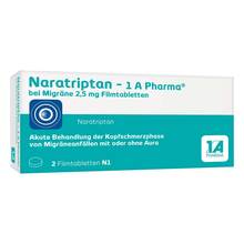 Abbildung: Naratriptan-1A Pharma bei Migräne 2,5 mg Filmtabletten  2 St, Filmtabletten PZN 09322478 