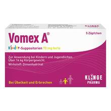 Abbildung: Vomex A Kinder-Suppositorien 70 mg forte 5 St, Suppositorien PZN 11091649 