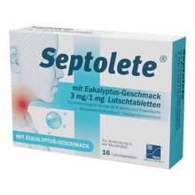 Abbildung: Septolete mit Eukalyptus-Geschmack 3mg / 1mg Lut.-Tab. 16 St, Lutschtabletten PZN 16885213 