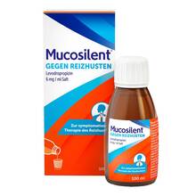 Abbildung: Mucosilent gegen Reizhust.Levodropropizin 6mg / ml Saft 100 ml, Lösung zum Einnehmen PZN 19764591 