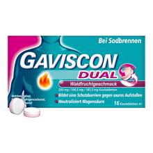 Abbildung: Gaviscon Dual Waldfrucht 250mg / 106,5mg/187,5mg Kta 16 St, Kautabletten PZN 20033102 