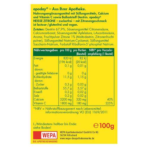 Apoday hei&szlig;e Zitrone Vitamin C und Calcium zuckerfrei Pulver  - 2