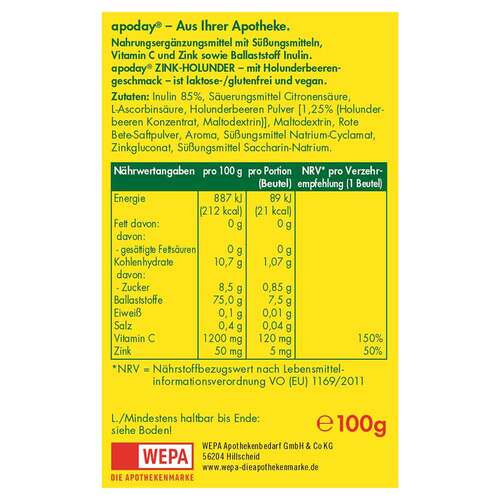 Apoday Holunder Vitamin C + Zink zuckerfrei Pulver - 2