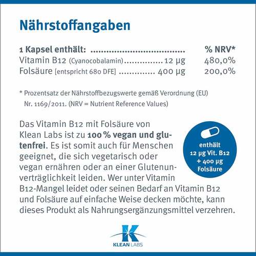 Vitamin B12 + Fols&auml;ure Klean Labs Kapseln - 5