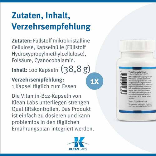 Vitamin B12 + Fols&auml;ure Klean Labs Kapseln - 6