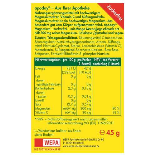 APODAY Magnesium Mango-Maracuja zuckerfrei Pulver - 2