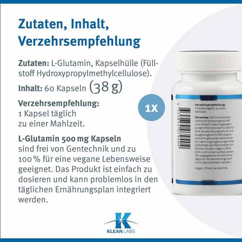 L-Glutamin 500 mg Klean Labs Kapseln - 6