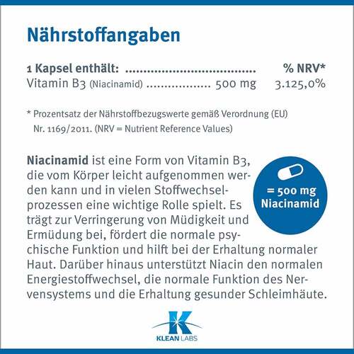 Niacinamid B3 500 mg Klean Labs Kapseln - 5