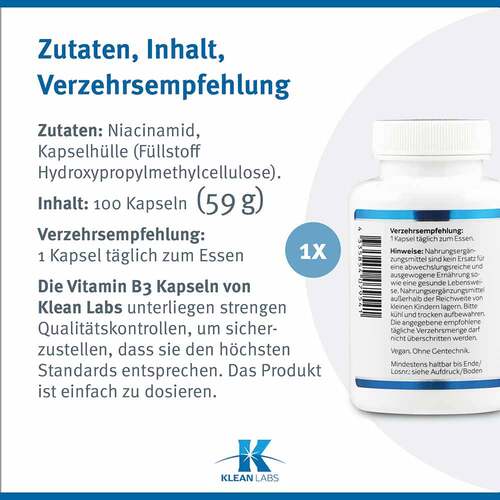 Niacinamid B3 500 mg Klean Labs Kapseln - 6