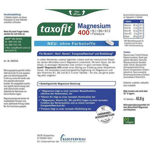 Taxofit Magnesium 400 + B1+B6+B12+Fols&auml;ure Tabletten - 2